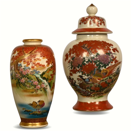 Pair Hand Painted Japanese + Chinese Art Vases