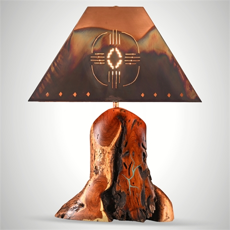 Kohler Velvet Mesquite Live-Edge Lamp w/ Copper Shade & Turquoise Inlay