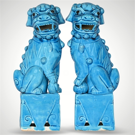 Pair of Vintage Chinese Turquoise Glazed Fu Lions (Foo Dogs) – Marked, 9.35"