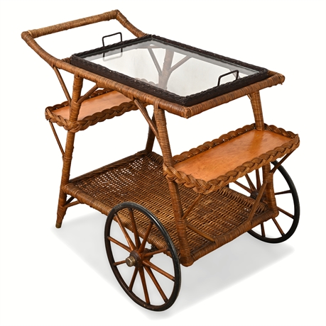 Antique American Wicker & Wood Bar Cart, Removable Glass Tray, 14" Wheels