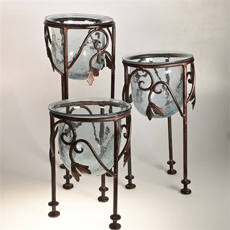 Set of 3 Glass and Iron Votives