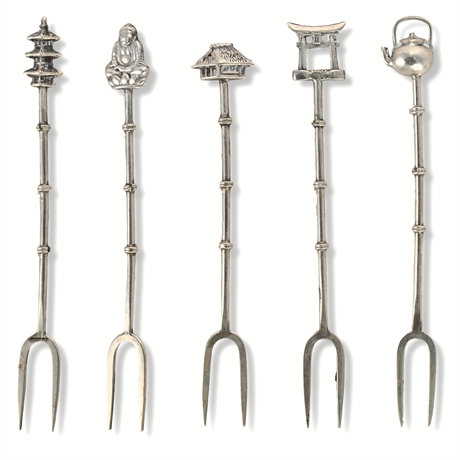 Set of 5 Sterling Silver Japanese Motif Cocktail Forks — 4" Bamboo Handles