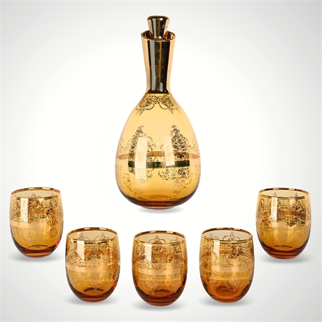 Murano Amber Glass Decanter Set — 24K Gilt, 5 Cups, Mid-Century Italy