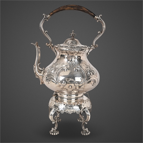 Victorian Silver Plate Kettle-on-Stand with Wood Handle, Spirit Burner, 17"