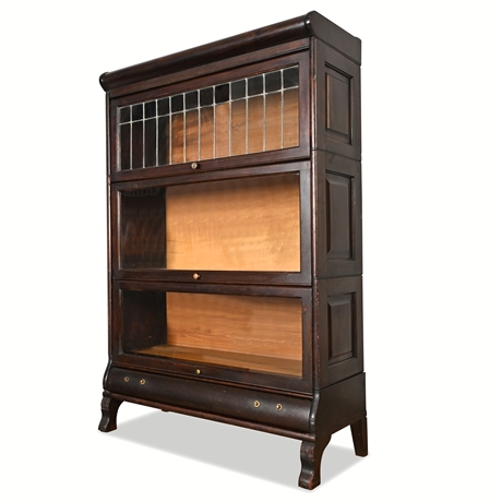 Antique Lundstrom 3 Stack Bookcase — Leaded Glass, Claw Feet, 1904