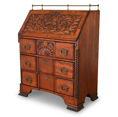 Late Victorian Hand-Carved Secretary Desk with Brass Gallery & Key