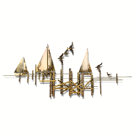 Curtis Jere "Sailboats" Brutalist Brass Wall Sculpture, Signed