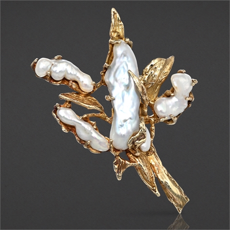 14K Yellow Gold Sculptural Pendant/Brooch with Baroque Pearls, Organic Design