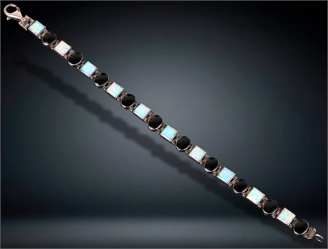 Sterling Silver, Jet & Fire Opal Bracelet