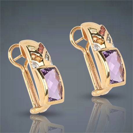 John C. Rinker 14K Gold Amethyst & Multicolor Gemstone Earrings