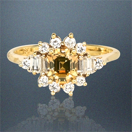 18K Yellow Gold Fancy Cognac Brown Diamond & Diamond Halo Ring, Size 5.5