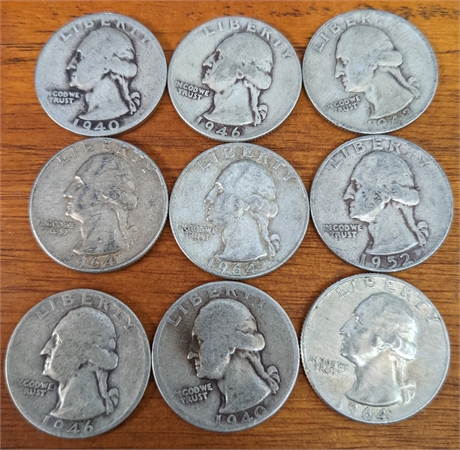 Washington Quarters Lot of (9) 90% Silver