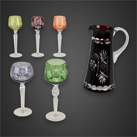 Bohemian Cut-to-Clear Crystal Set — Colored Hock & Goblet Stems + Ruby Pitcher