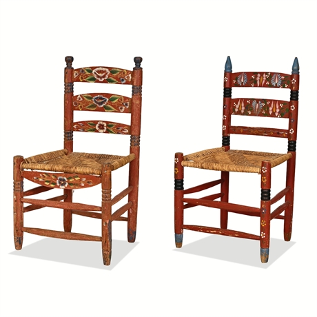Pair of Mexican Hand-Painted Polychrome Ladder-Back Side Chairs with Rush Seats