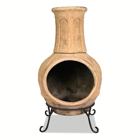 Mexican Terracotta Chiminea Fireplace on Wrought Iron Stand