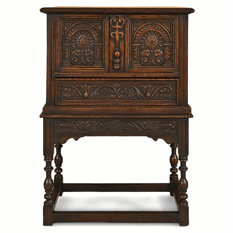 Antique Oak Jacobean Revival Cabinet on Stand — Carved with Key