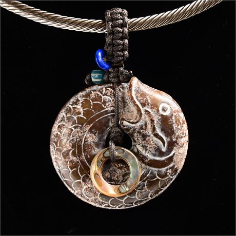 Carved Stone , Lapis and Mother of Pearl Pendant