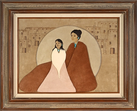 Pueblo Mother & Child Mixed Media on Suede Ground, Signed "Saline" 1996
