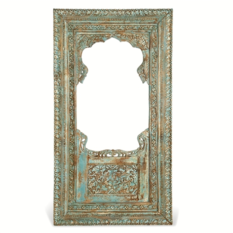 6' Monumental Indian Jharokha Carved Mango Wood Frame Turquoise Distress