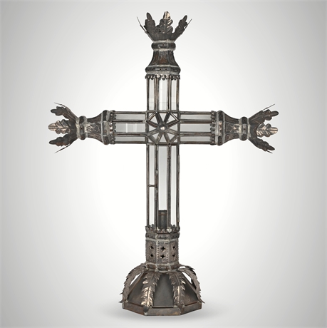 Mexican Steel & Glass Cross Lantern – 21” Folk Gothic Style Devotional