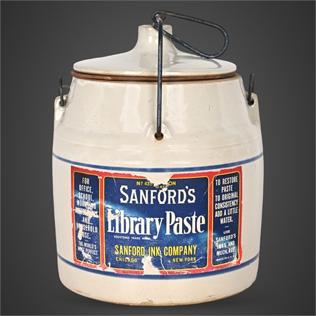 Sanford’s Library Paste Stoneware Crock w/ Locking Lid & Wire Handle