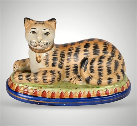 Hand-Painted Staffordshire Style Ceramic Recumbent Tiger-Striped Cat on Cushion