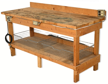 Heavy-Duty Wood Workbench with Integrated Electrical Outlets