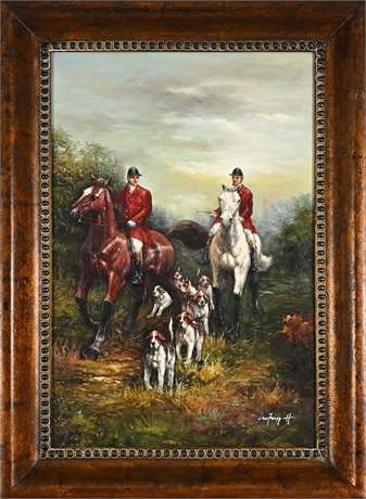 Foxhunt Oil on Canvas — Scarlet Riders & Hounds, Signed, Framed