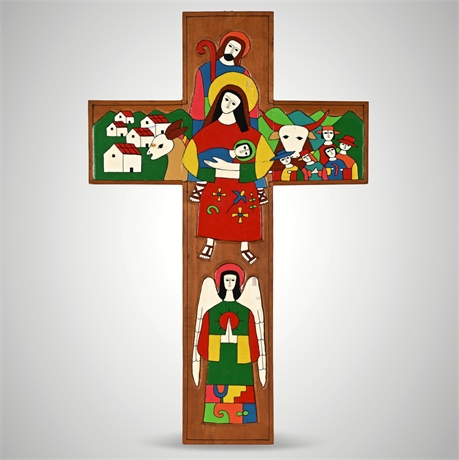 La Palma El Salvador Folk Art Cross, Hand Painted Solid Wood
