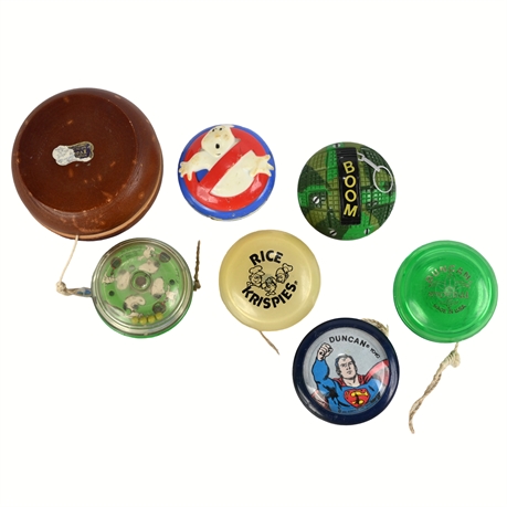 (7) Vintage Yo-Yo Lot – Duncan®, Superman, Ghostbusters, Peanuts 1958 & More
