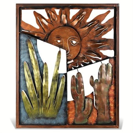 Cut Steel Desert Sunscape Wall Panel — Sun Face with Ocotillo & Saguaro