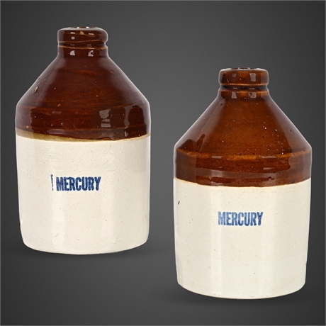 Pair of Brown-Top Stoneware Mercury Jugs, Embossed “10” Base
