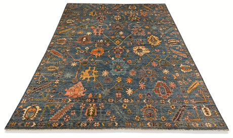 Hand-Knotted Turkish Oushak Wool Rug 7'11" x 9'11" — Steel Blue Tribal Floral