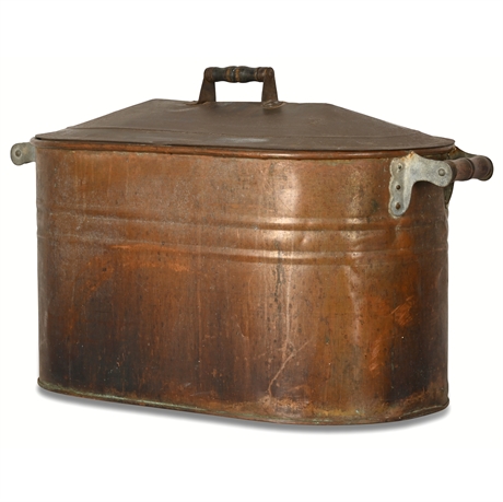 Antique Copper Boiler with Lid & Wooden Handles – Rustic Farmhouse Decor