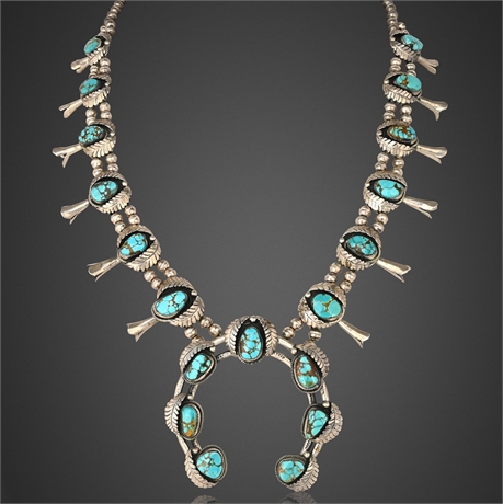 Navajo Sterling & Natural Turquoise Squash Blossom Necklace, c.1970s