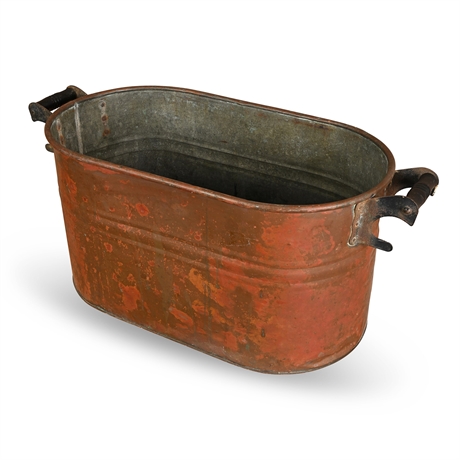 Antique Copper Boiler Wash Tub with Wood Handles & Patina