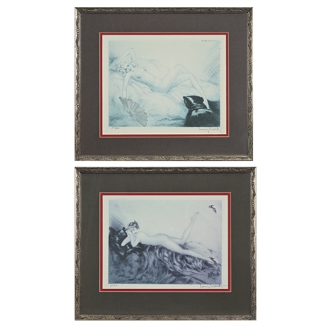 Louis Icart Pair of Signed Nude Prints — Reclining Nudes, Art Deco
