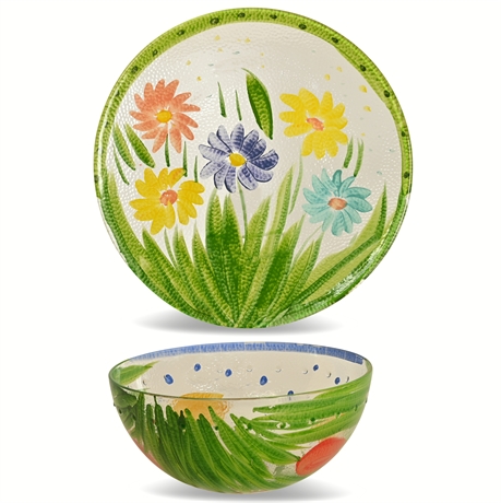 Hand Painted Flower Design Platter and Bowl