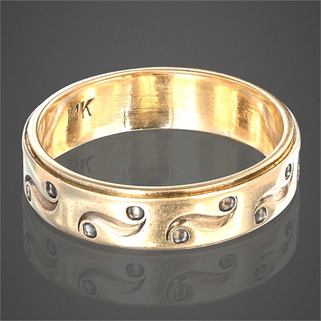 14K Yellow Gold Band with Wave & Dot Motif, Size 8.5, 5.16 g
