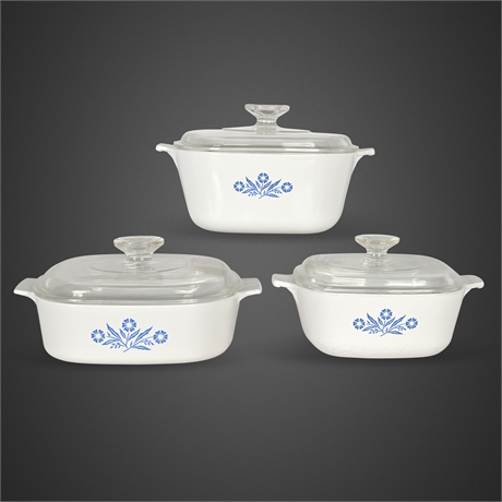 Set of (3) Corning Ware “Cornflower Blue” Covered Casseroles – P & A Series, USA