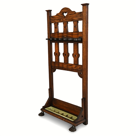 Victorian Arts & Crafts Oak Snooker Cue Stand — 6-Cue Cast Iron