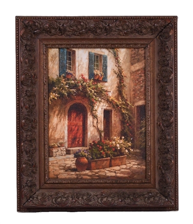 Framed Courtyard Scene with Floral Accents, Signed Oil on Canvas