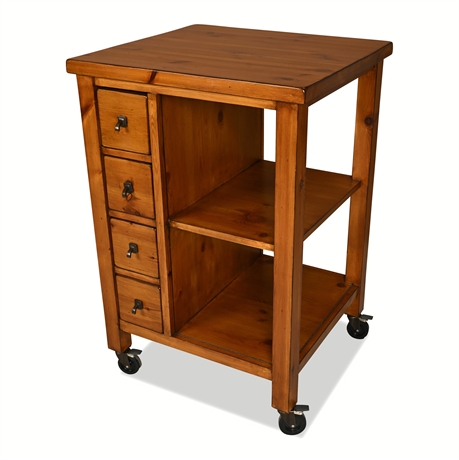 Pottery Barn Solid Pine Rolling Kitchen Cart, 4 Drawers & Open Shelving