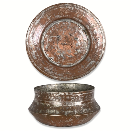 Antique Persian Copper Tray & Bowl Set, Hand-Etched Islamic Design