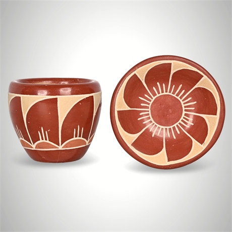 Ramona Tapia Santa Clara Redware Pot & Plate Set, Signed