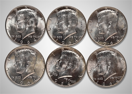 1964 (6) Kennedy Silver Half Dollars