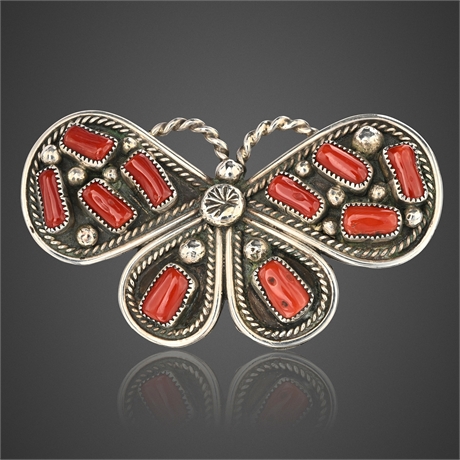 Darlene Begay Navajo Sterling Coral Butterfly Ring — Signed, Sz 7
