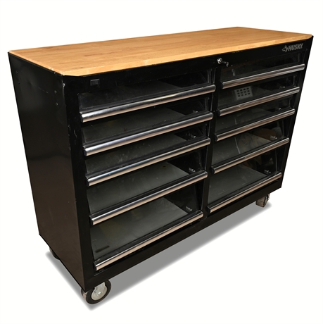 Husky 52" 10-Drawer Tool Cabinet with Wood Top & LED Glass Drawers