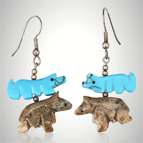 Zuni Turquoise & Jasper Fetish Earrings – Hand-Carved Bear & Fox Design, 8.57g