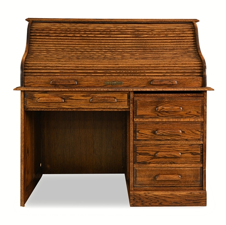 Oak Crest Oak Roll-Top Desk with Tambour Cover, Locking Top & Key